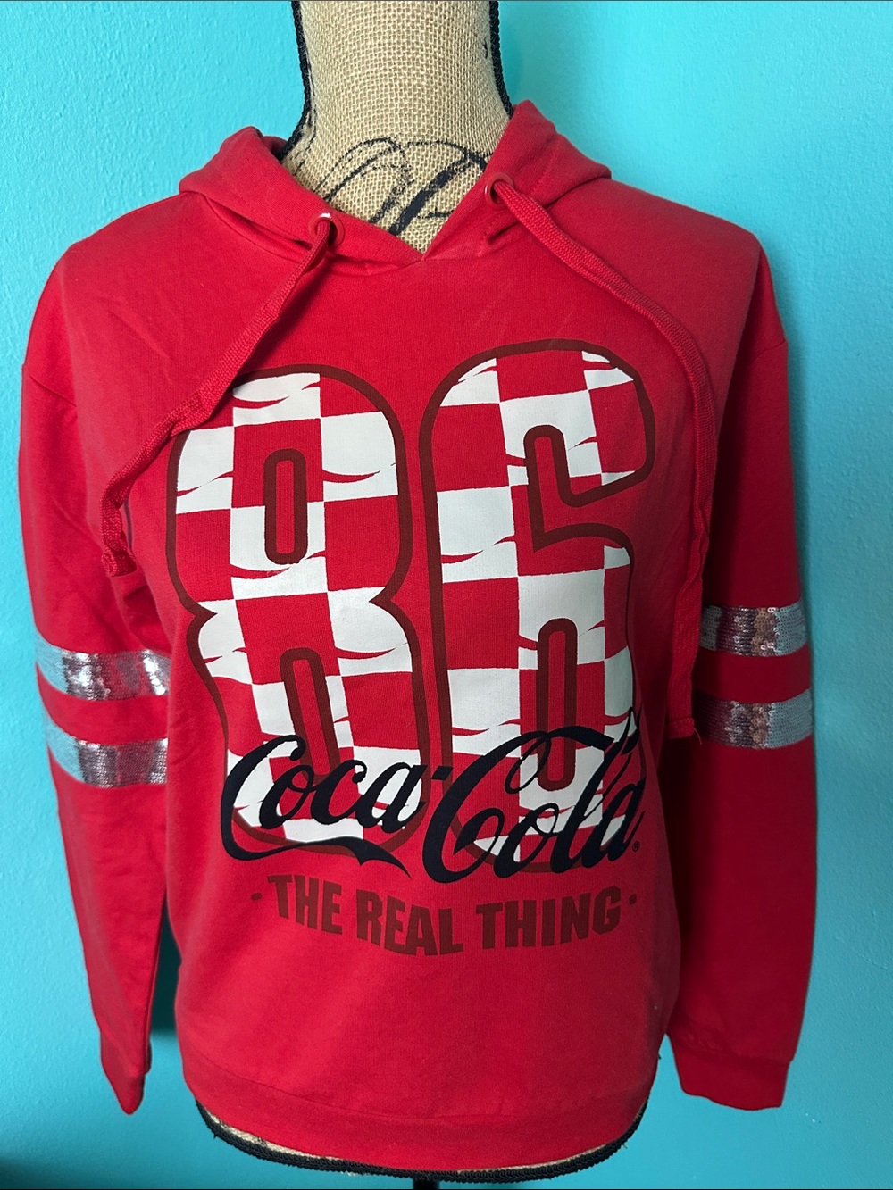 NWT COCA COLA Bling Sequin Pullover Red Hoodie Sweater S